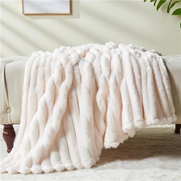 Super Soft Throw Blanket Ivory Premium Silky Flannel Fleece 3D Ribbed Jacquard - Picture 6 of 7
